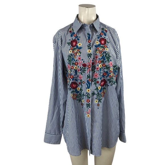 ZARA WOMAN - WOMEN'S MEDIUM - BLUE & WHITE FLORAL EMBROIDERED STRIPED TOP SHIRT - Picture 1 of 7
